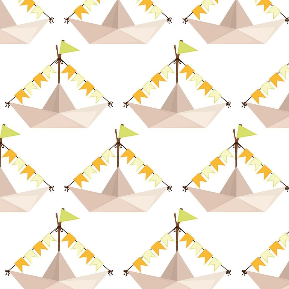 Pattern with paper boat and flags. Background with wherry in flat style. Spring or summer seamless pattern. vector