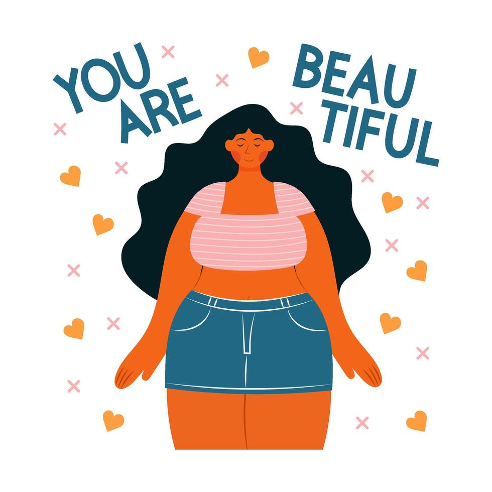 Cute plump girl in a pink top and denim skirt. Body positive banner. Beautiful girl with dark hair in flat style. Summer. Lettering. vector