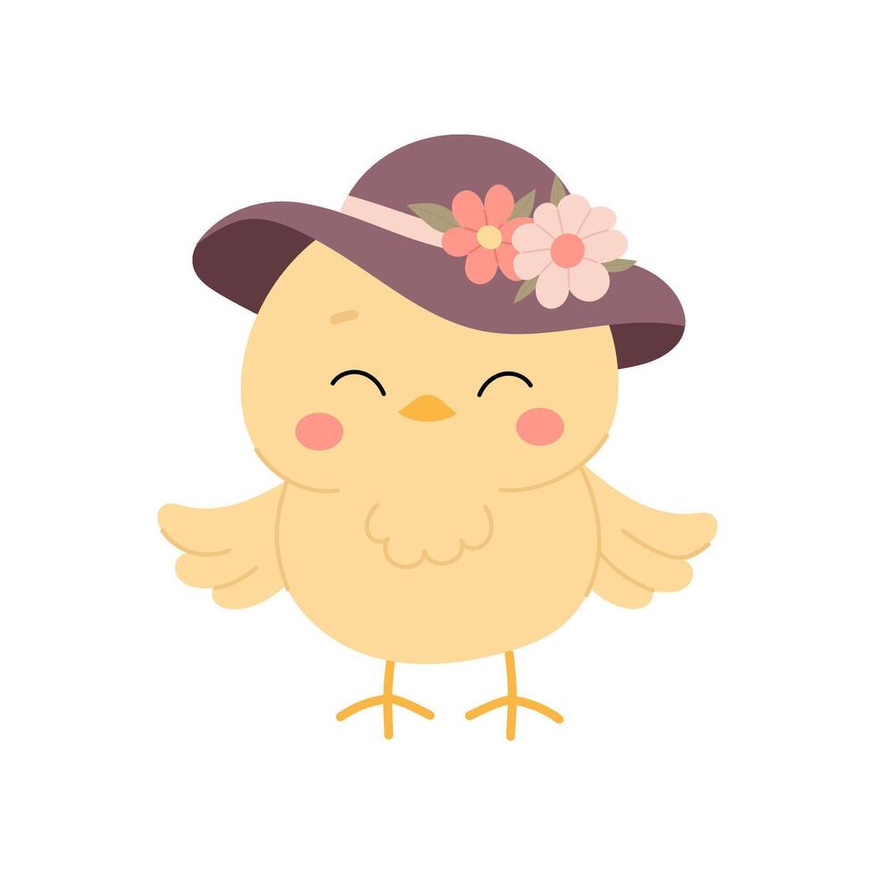 Chick. Cute chicken character wearing a hat with flowers. Yellow chicken in flat style on a white background. vector