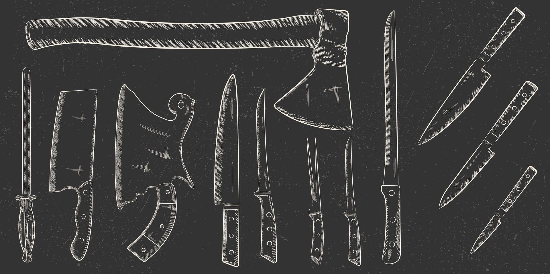 A set of knives in the style of a hand drawn sketch. Large axe, cleaver, fork, mousse and chef knives. Best for restaurant menu, kitchen and food design. Vector illustration with grunge texture.