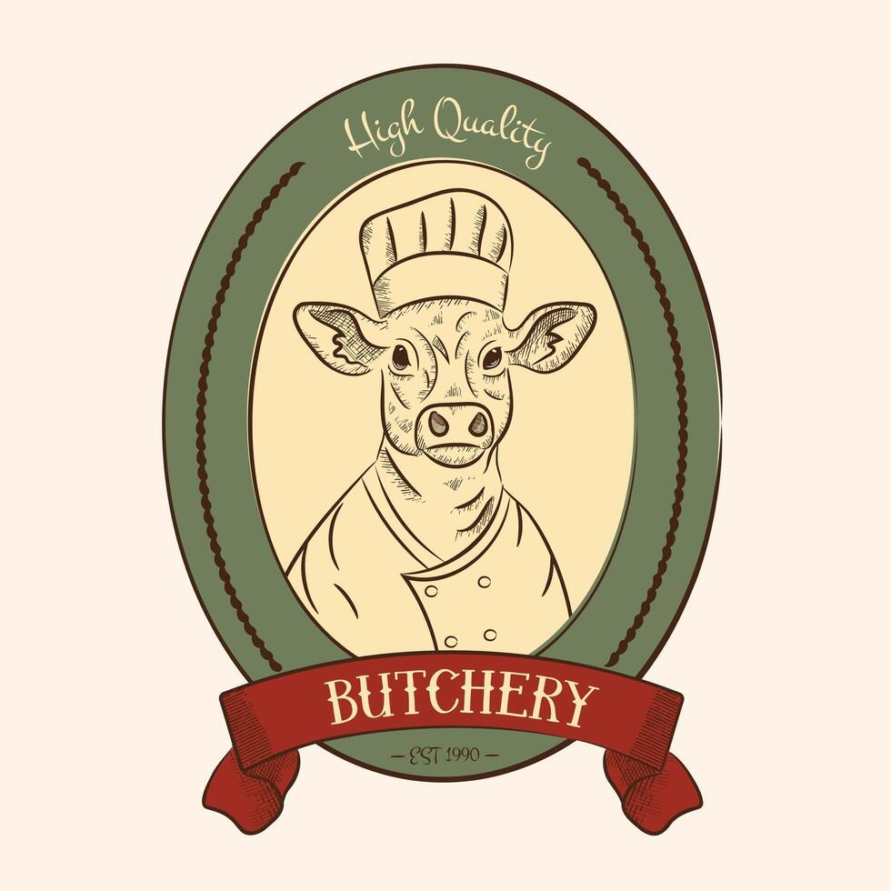 Butcher shop design element in vintage style for logo, cow head in chef's hat. Cow face in retro style vector illustration.