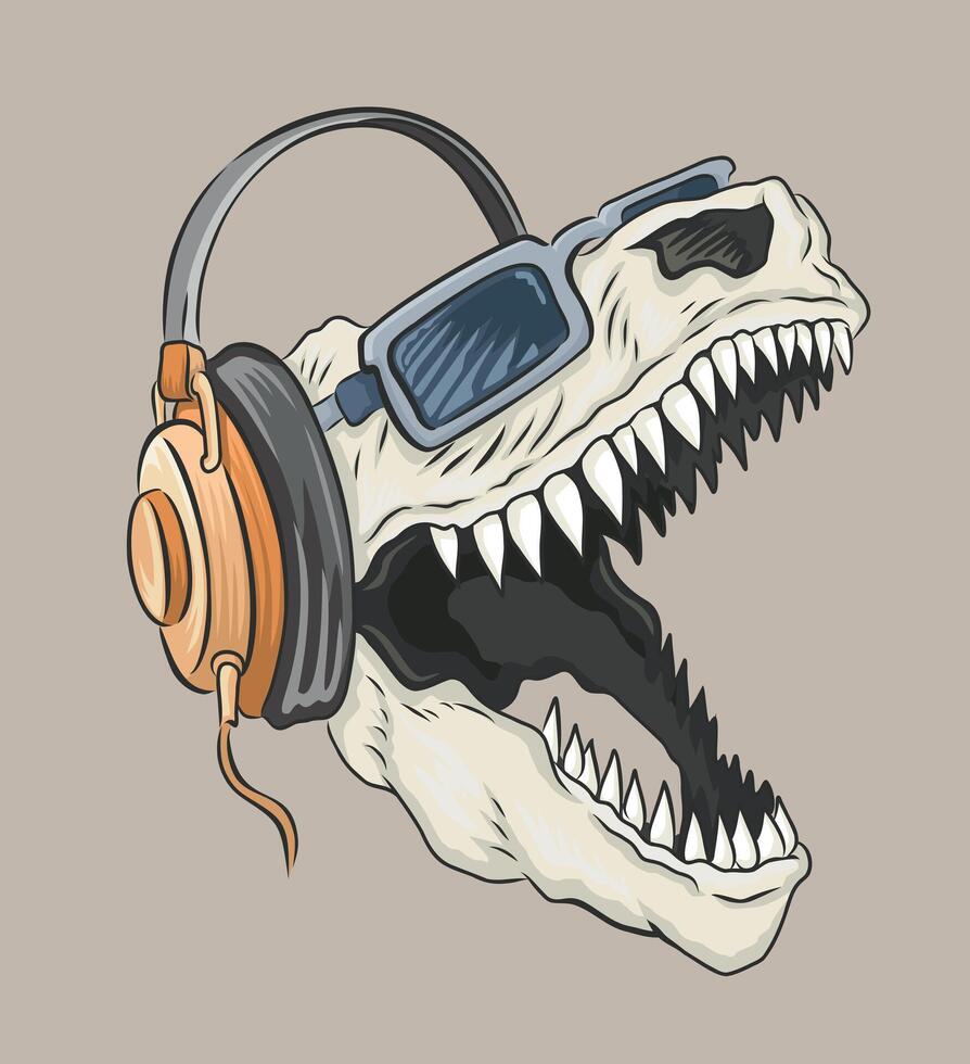 Vector illustration, in bare lines, of a Tyrannosaurus Rex head fossil with sunglasses and headphones. Cartoon style art.