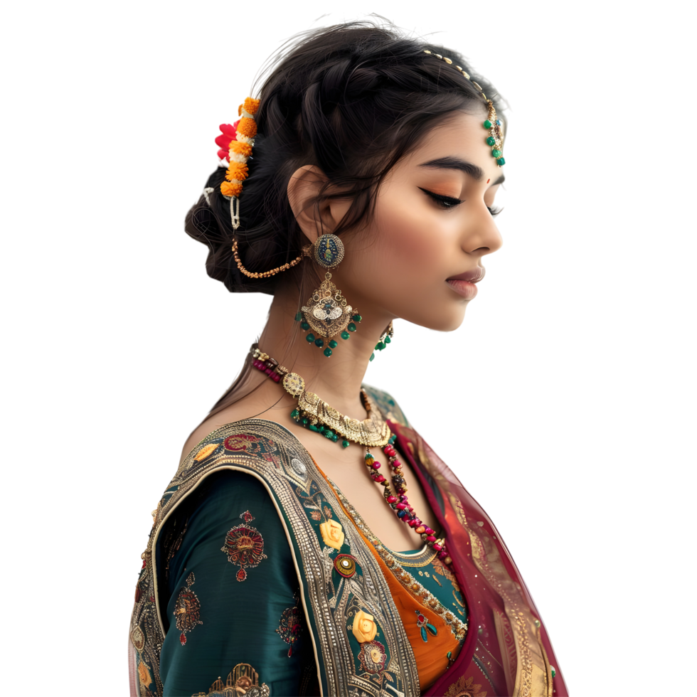 AI generated Traditional Indian Woman in Local Dress and Jewelry on Transparent background - Ai Generated png