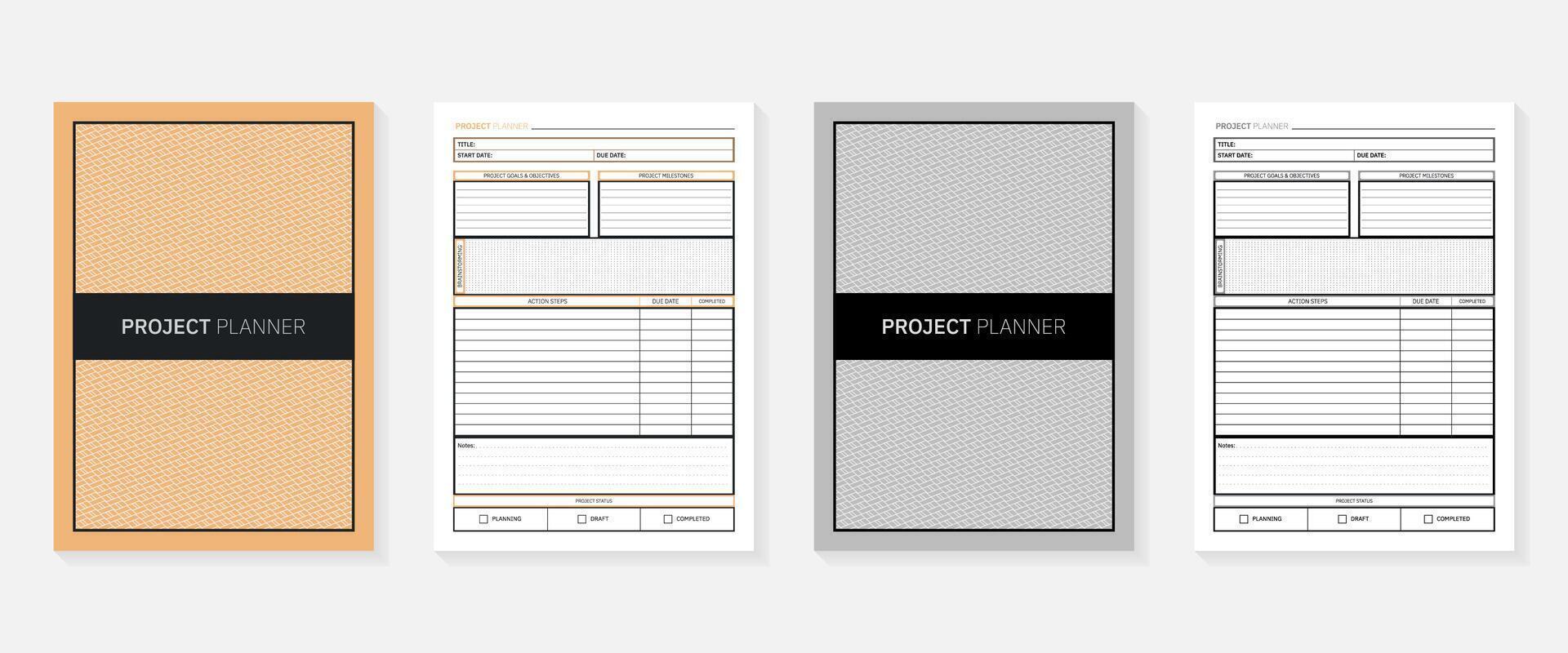 Project Planner pages with cover black and white and colorful design. vector