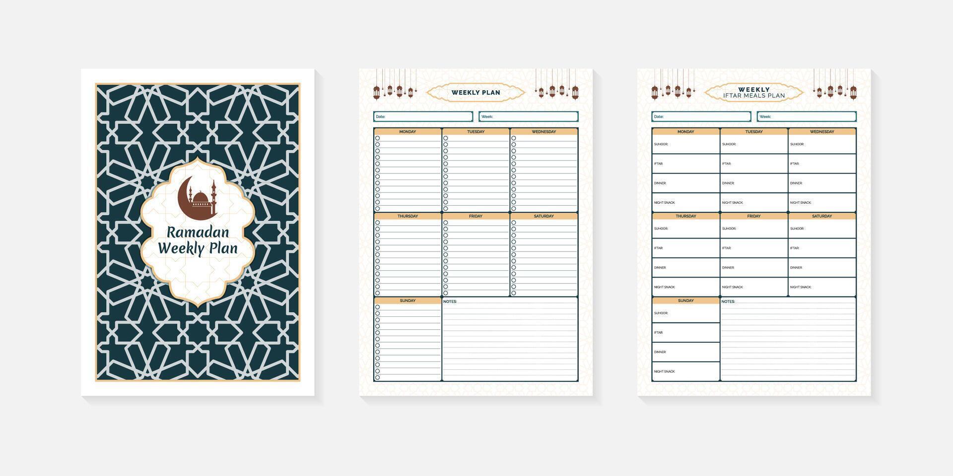 Ramadan Weekly Plan with Islamic cover design black and white and colorful vector