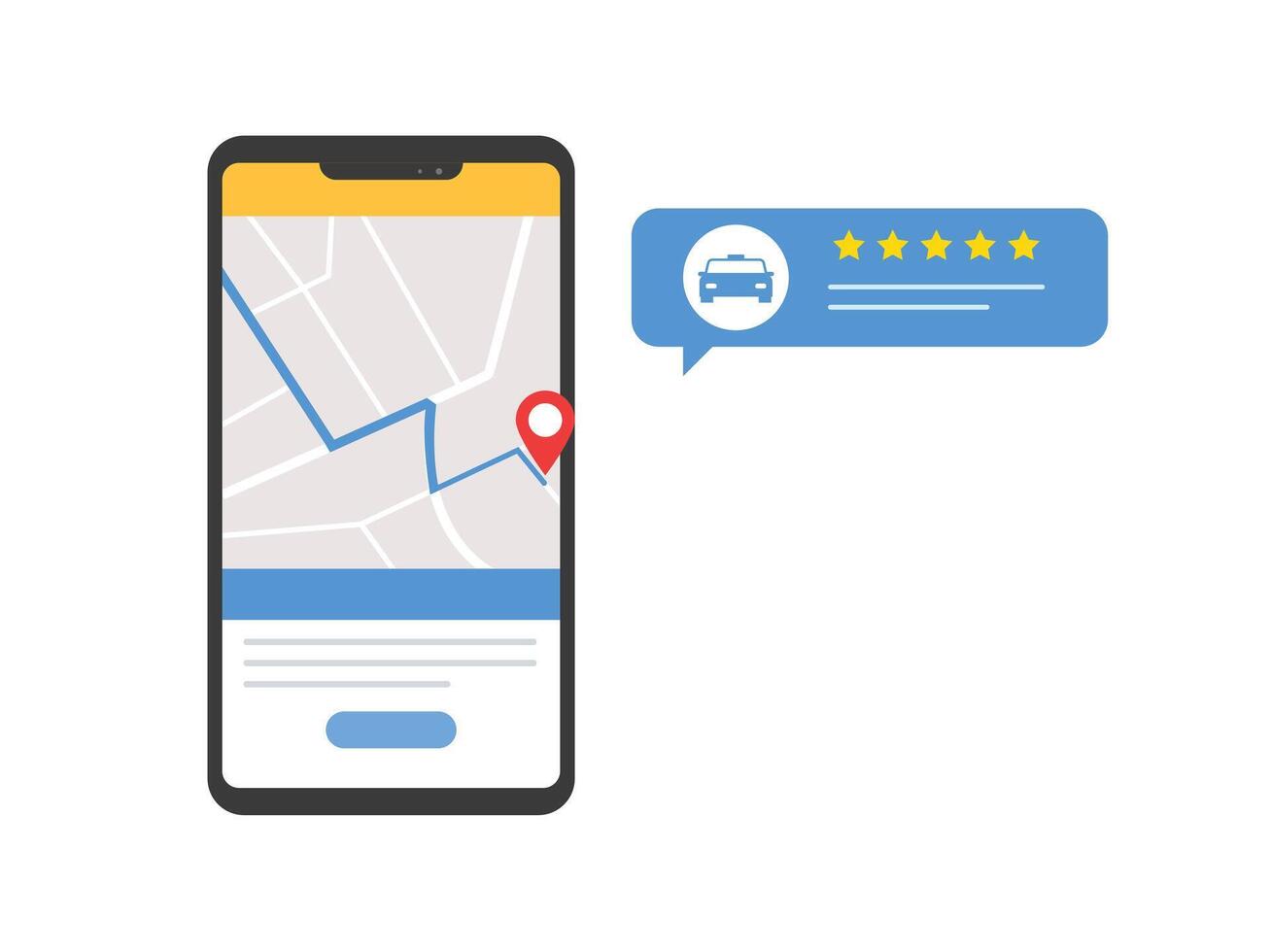 Car delivery route on map, rating and feedback in smartphone application. Online taxi vector