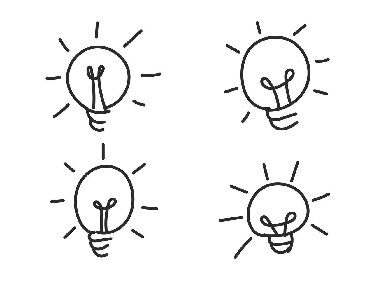 Light bulb with shining light set. doodle style hand drawn vector