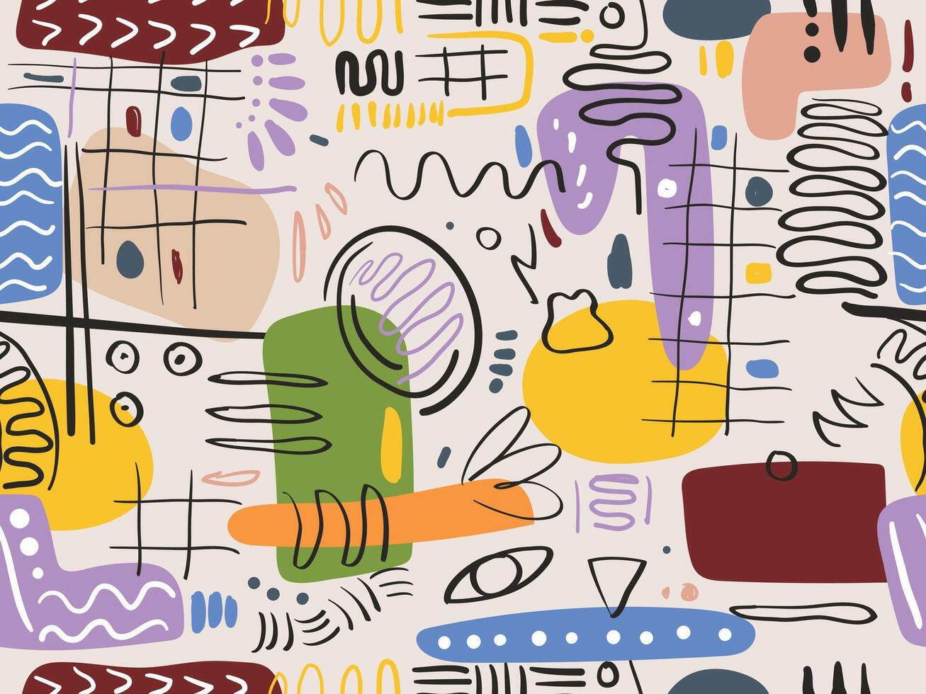 Hand drawn various shapes and doodle objects. modern trendy seamless pattern vector