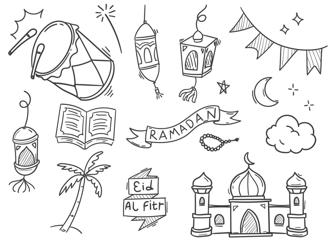 Hand drawn doodle set element related to eid mubarak and ramadan vector