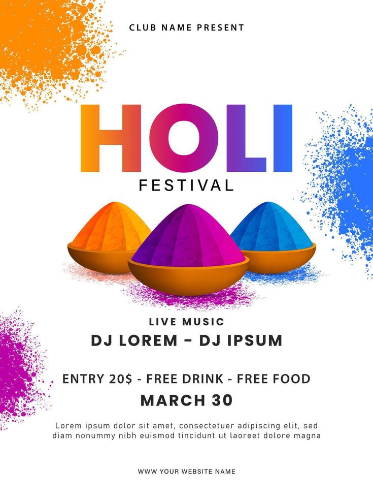 Holi festival poster design. Colorful Holi celebration flyer template. Indian Festival of Colors. Vector illustration