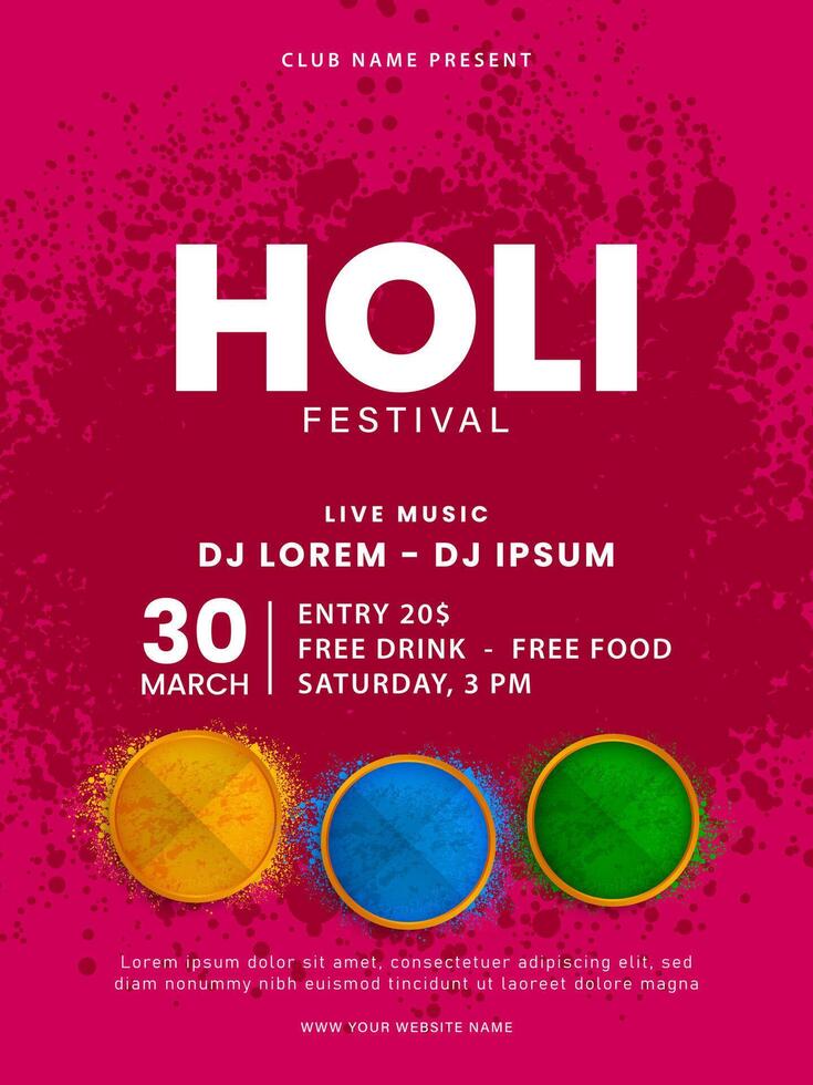 Holi party poster design. Holi celebration flyer design with colorful holi powder. Indian Festival of Colors. Vector illustration