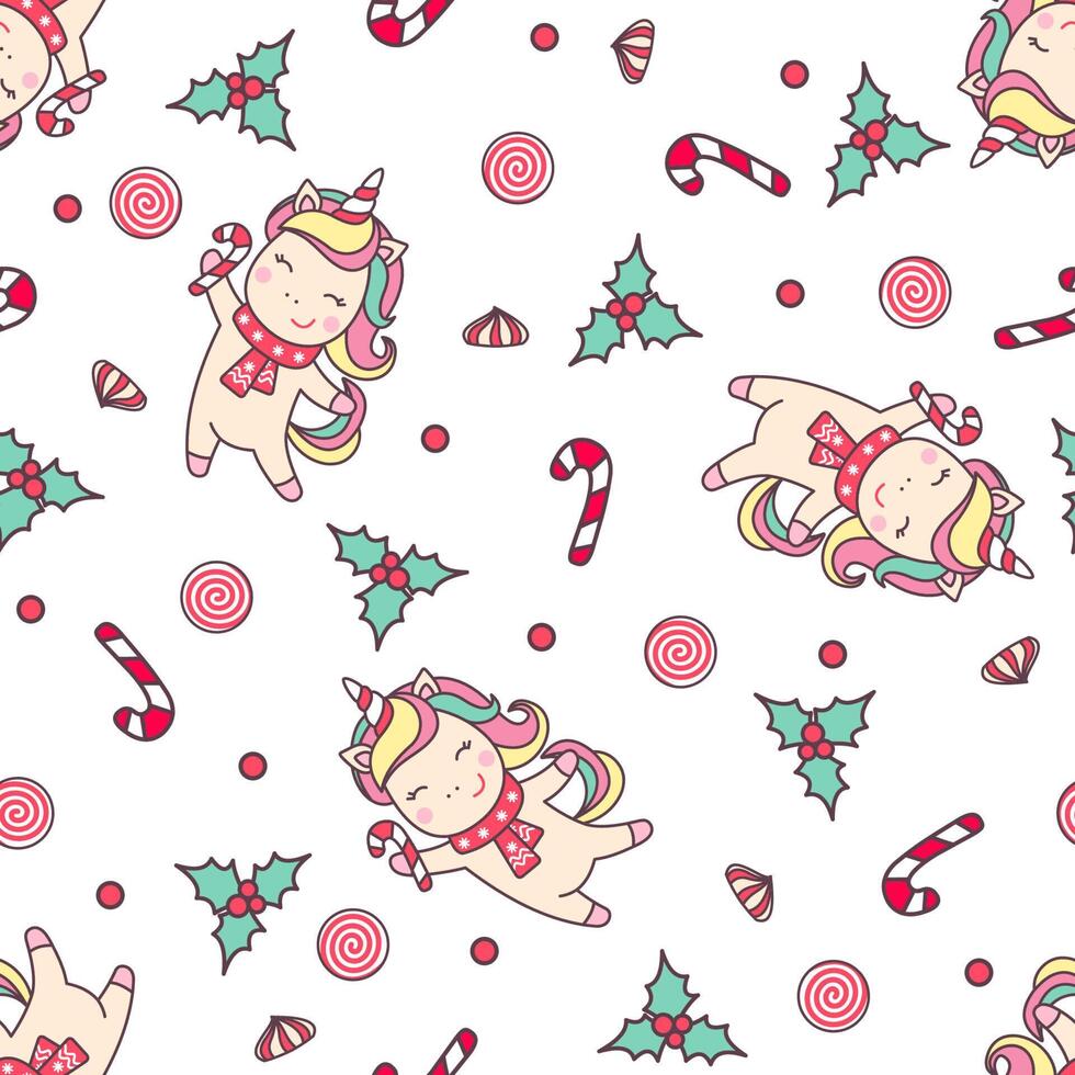 Christmas seamless pattern with cute unicorn, sweets, candy cane and holly isolated on white background. vector