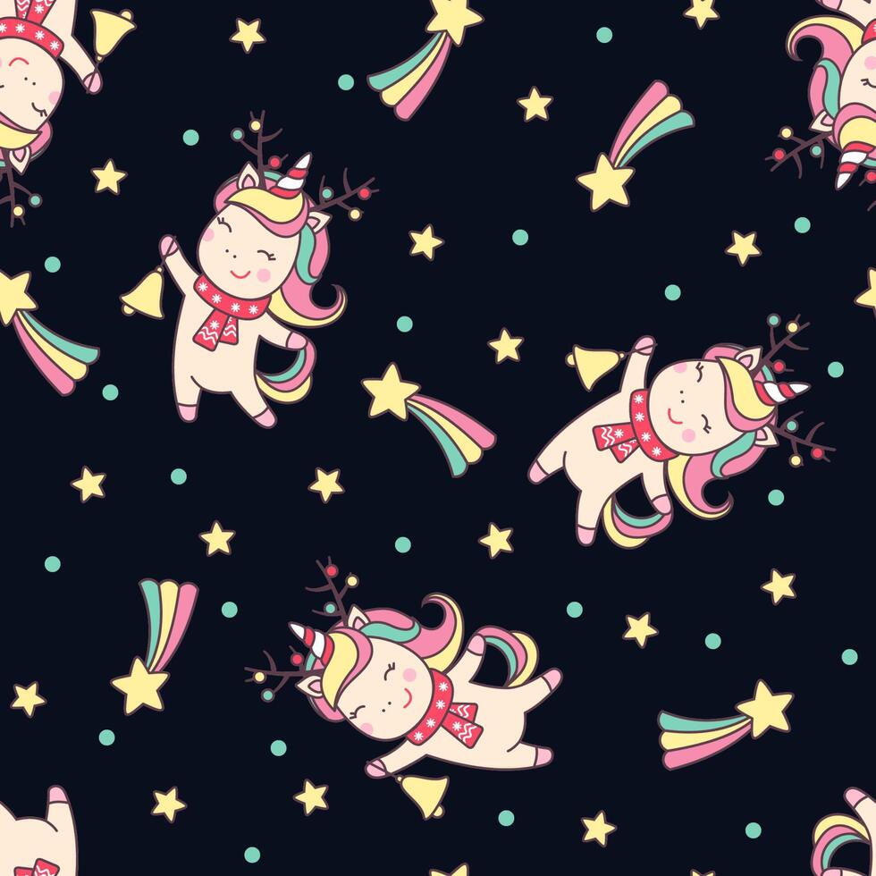Christmas seamless pattern with cute unicorn, stars and gifts on black background. vector