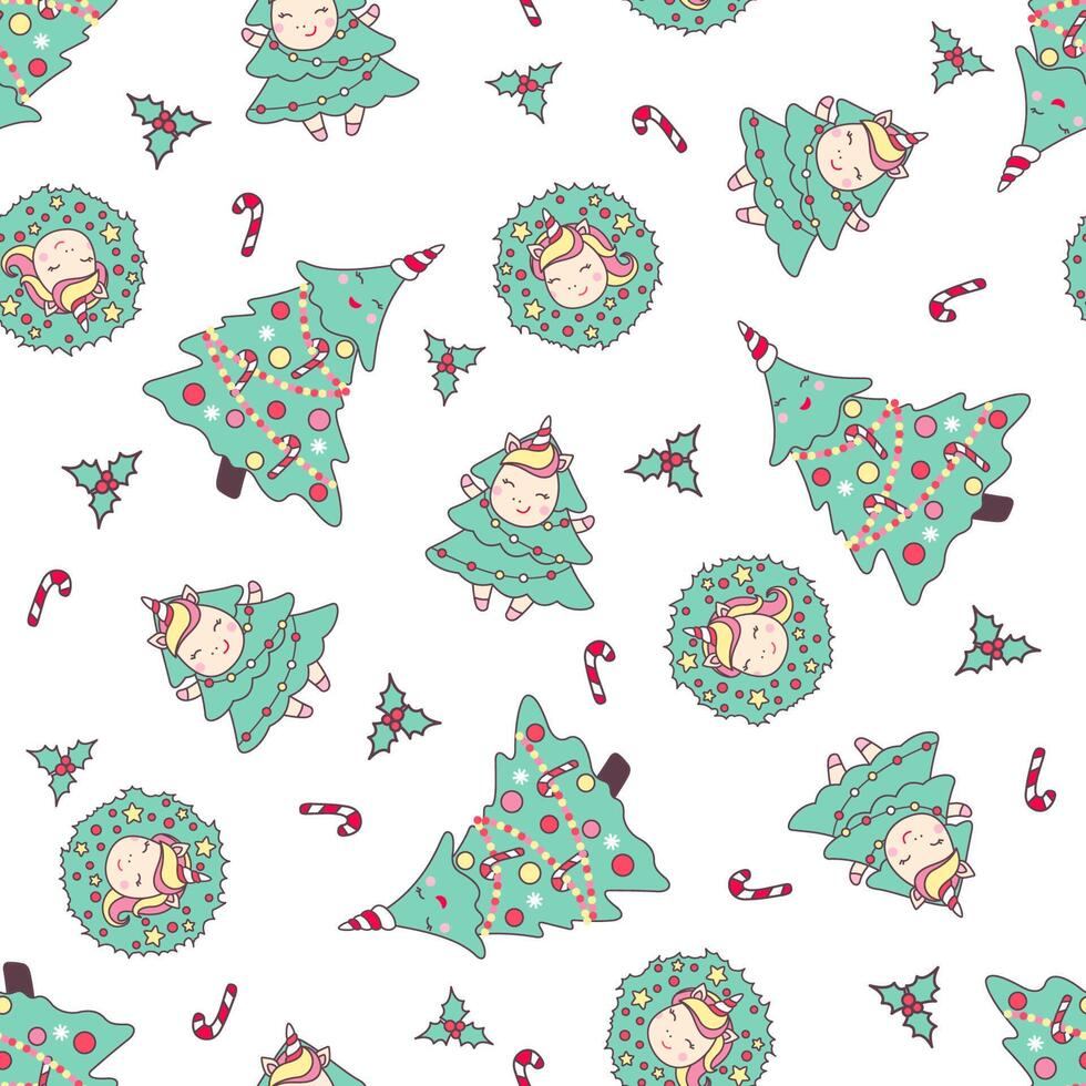 Christmas seamless pattern with cute unicorns, christmas tree, candy cane and holly isolated on white background. vector