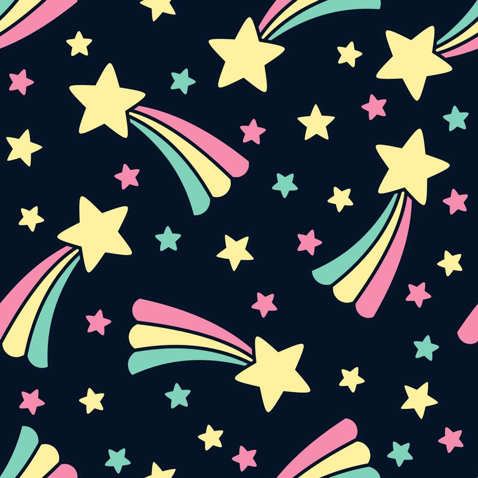 Seamless pattern with funny comets and stars isolated on dark blue background. vector