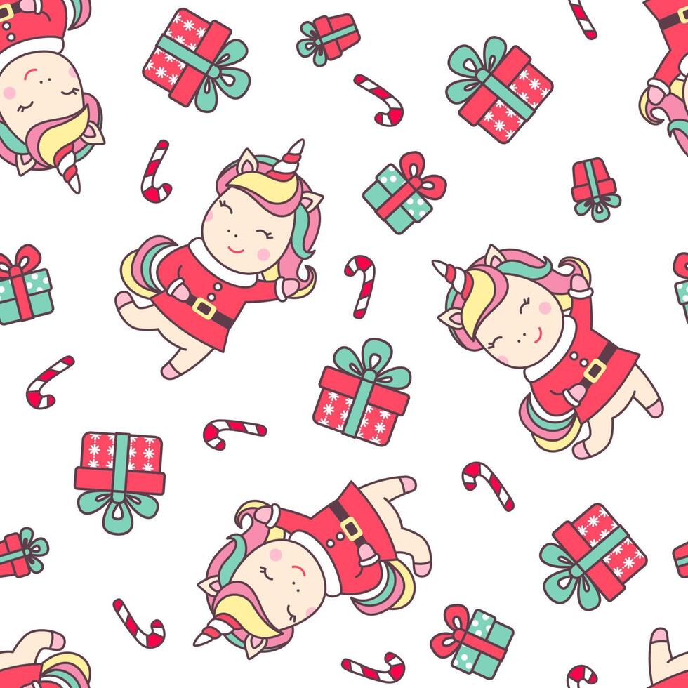 Christmas seamless pattern with cute unicorn in Santa Claus costume, candy cane and gifts isolated on white background. vector