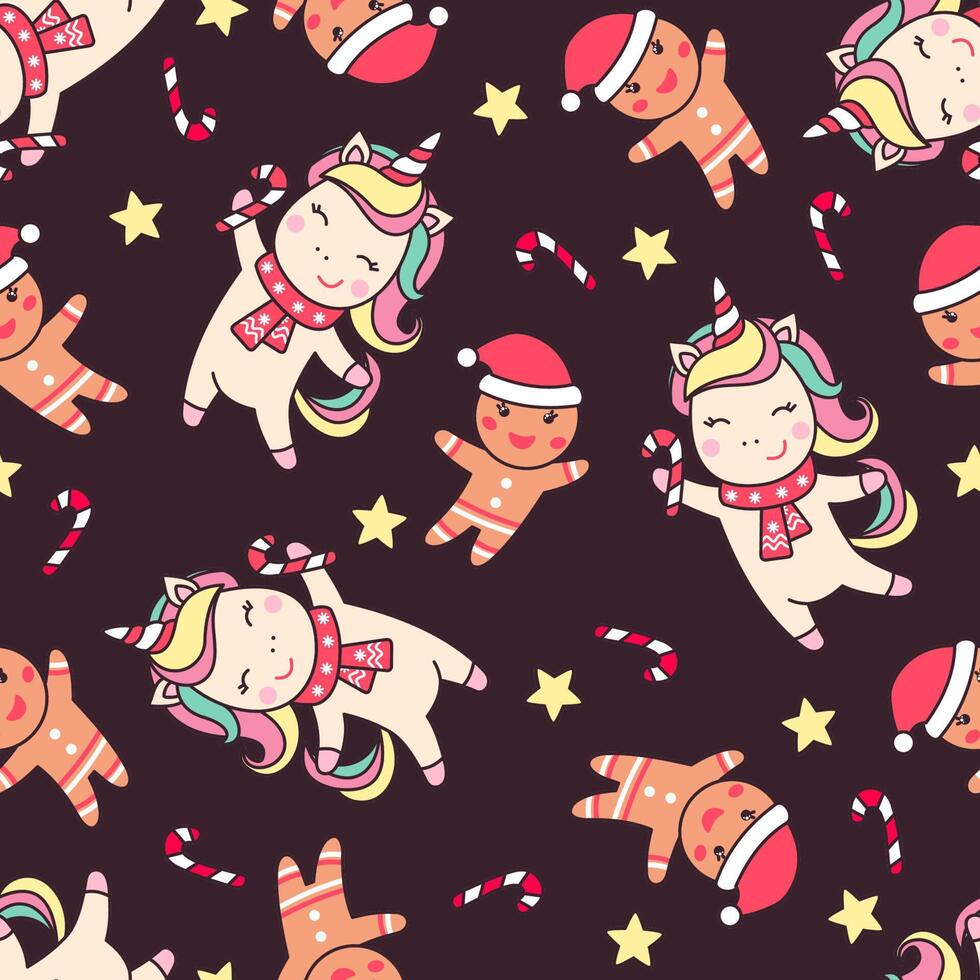 Christmas seamless pattern with cute unicorn, gingerbread man, candy cane and stars on brown background. vector