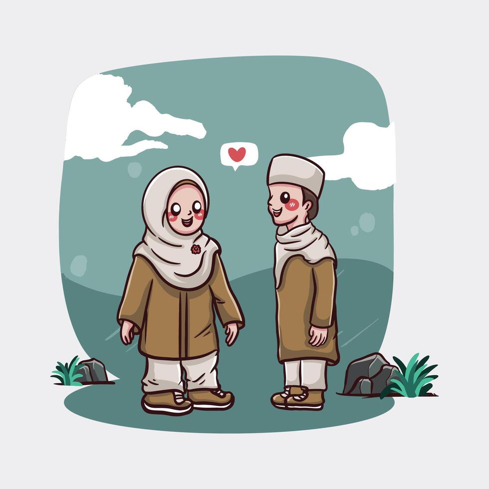 Cute cartoon muslim couple boy and girl in love vector illustration