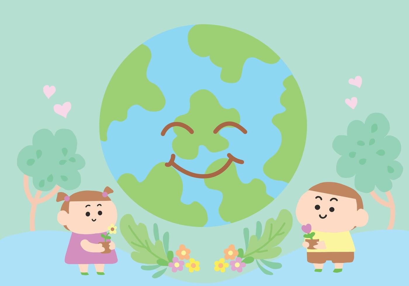 Two children love the earth. vector