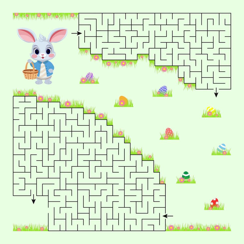 Vector illustration. Easter maze game. The bunny collects Easter eggs and looks for a way out of the maze. Game for children.