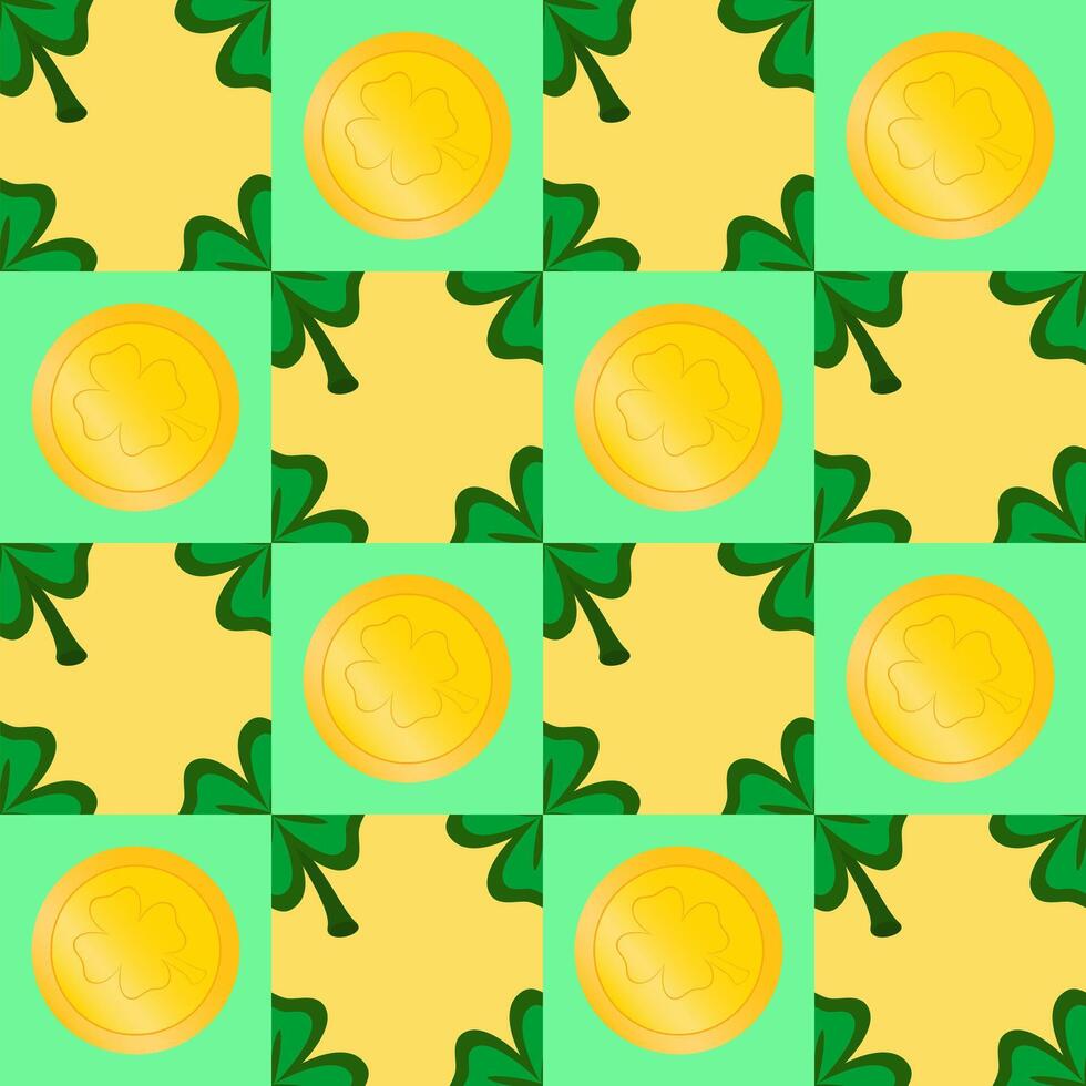 Vector seamless geometric pattern for St. Patrick's Day. Gold coins and clover.
