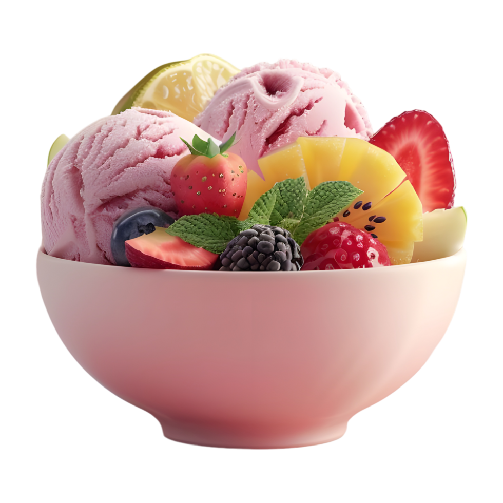 AI generated 3D Rendering of a Mix Fruits Ice Cream in a Bowl on Transparent Background - Ai Generated png