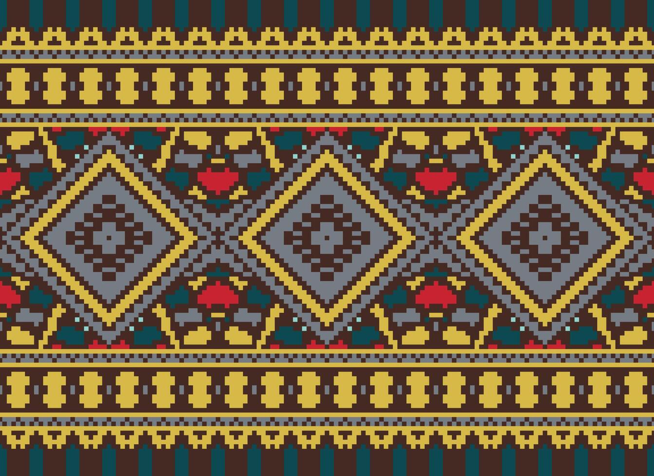 Pixel Cross Stitch Traditional Ethnic Pattern Paisley Flower Ikat Background Abstract Aztec African Indonesian Indian Seamless Pattern for Fabric Print Cloth Dress Carpet Curtains and Sarong vector