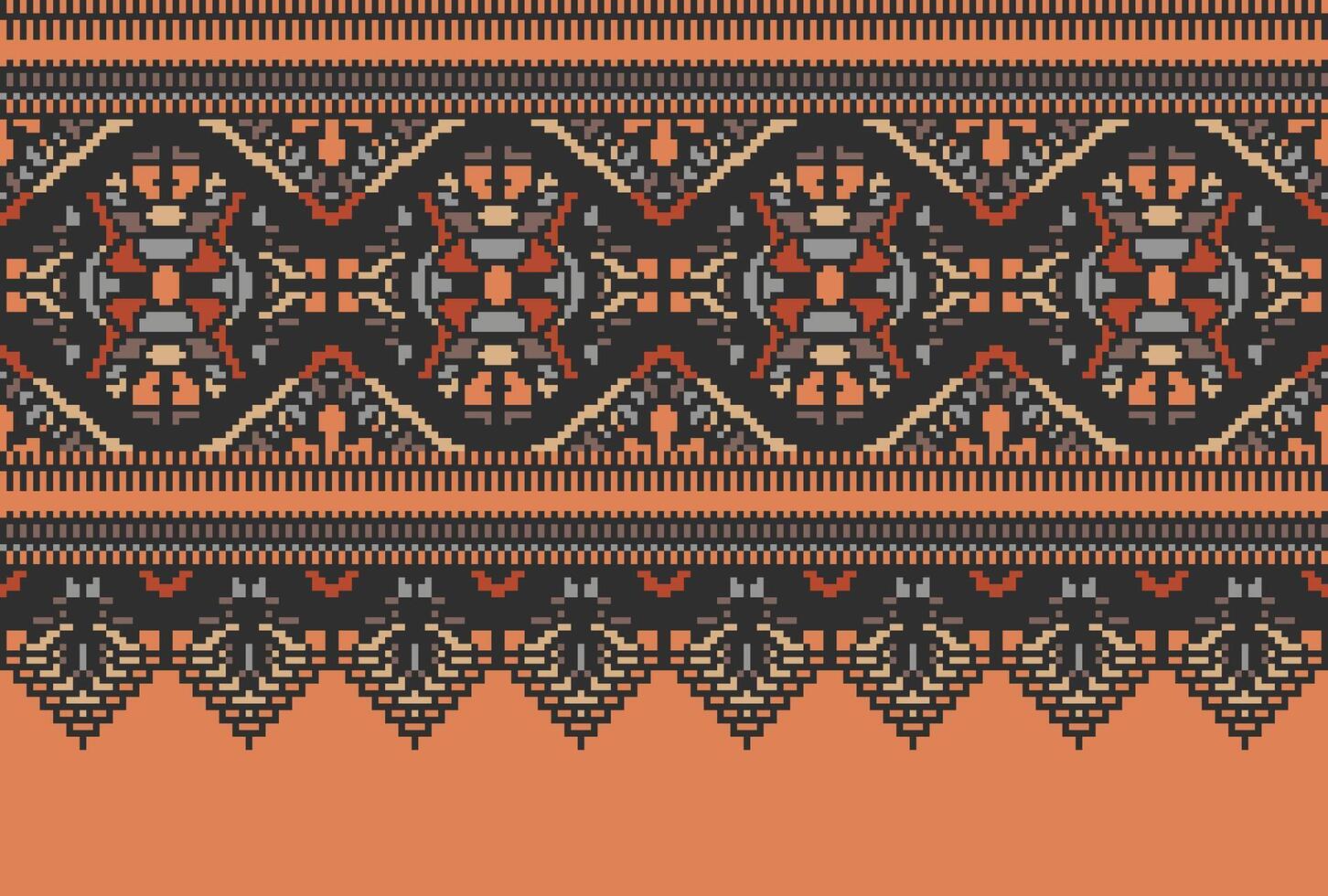 Pixel Cross Stitch pattern with Floral Designs. Traditional cross stitch needlework. Geometric Ethnic pattern, Embroidery, Textile ornamentation, fabric, Hand stitched pattern, Cultural stitching vector