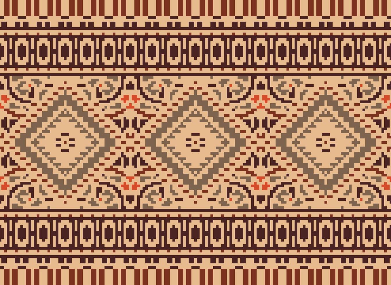 Pixel Cross Stitch Traditional Ethnic Pattern Paisley Flower Ikat Background Abstract Aztec African Indonesian Indian Seamless Pattern for Fabric Print Cloth Dress Carpet Curtains and Sarong vector