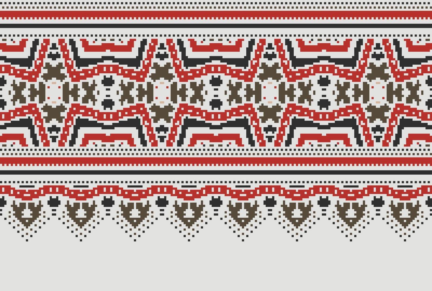 Pixel Cross Stitch pattern with Floral Designs. Traditional cross stitch needlework. Geometric Ethnic pattern, Embroidery, Textile ornamentation, fabric, Hand stitched pattern, Cultural stitching vector
