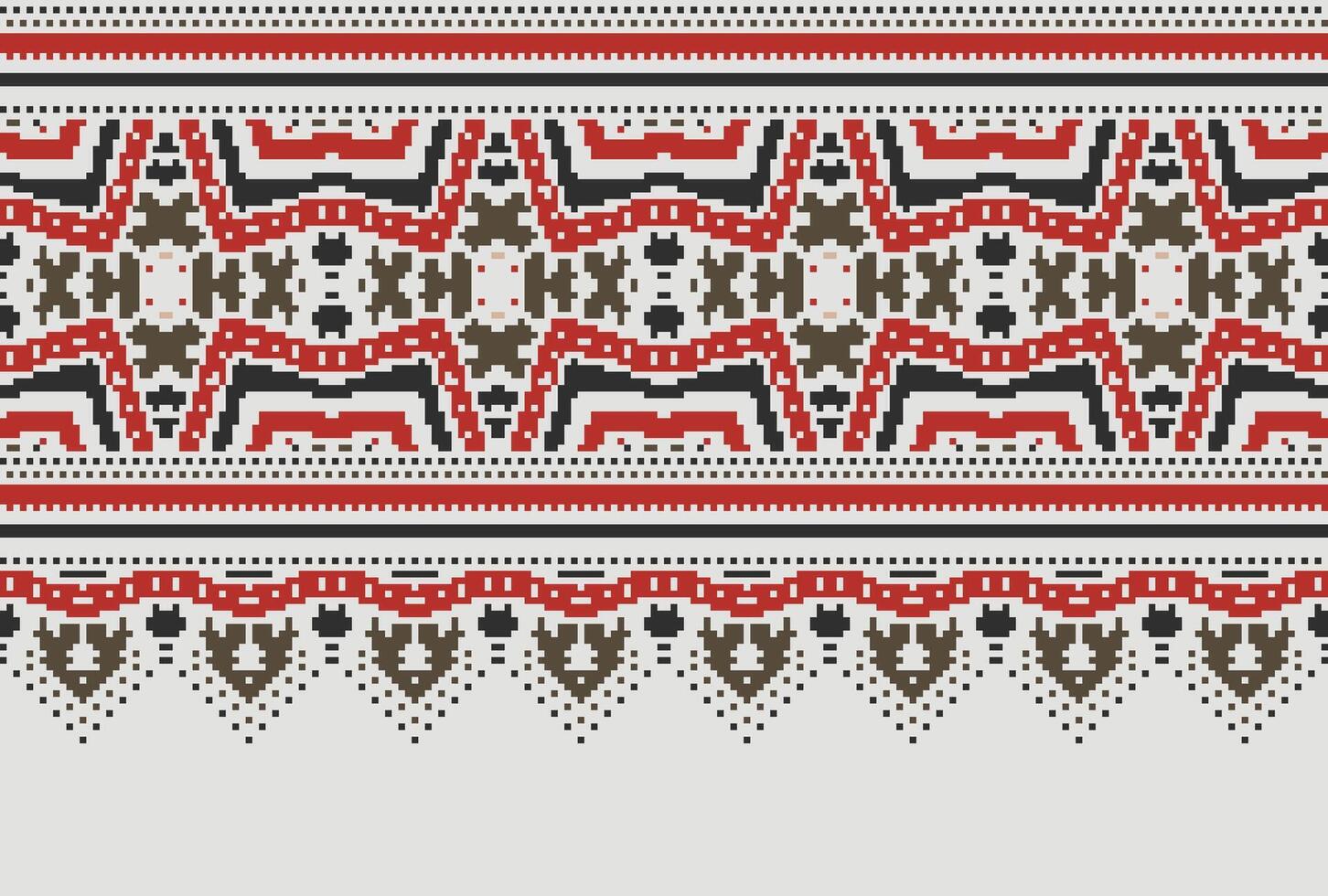 Pixel Cross Stitch pattern with Floral Designs. Traditional cross stitch needlework. Geometric Ethnic pattern, Embroidery, Textile ornamentation, fabric, Hand stitched pattern, Cultural stitching vector