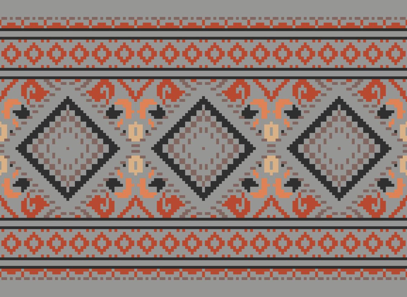 Pixel Cross Stitch Traditional Ethnic Pattern Paisley Flower Ikat Background Abstract Aztec African Indonesian Indian Seamless Pattern for Fabric Print Cloth Dress Carpet Curtains and Sarong vector