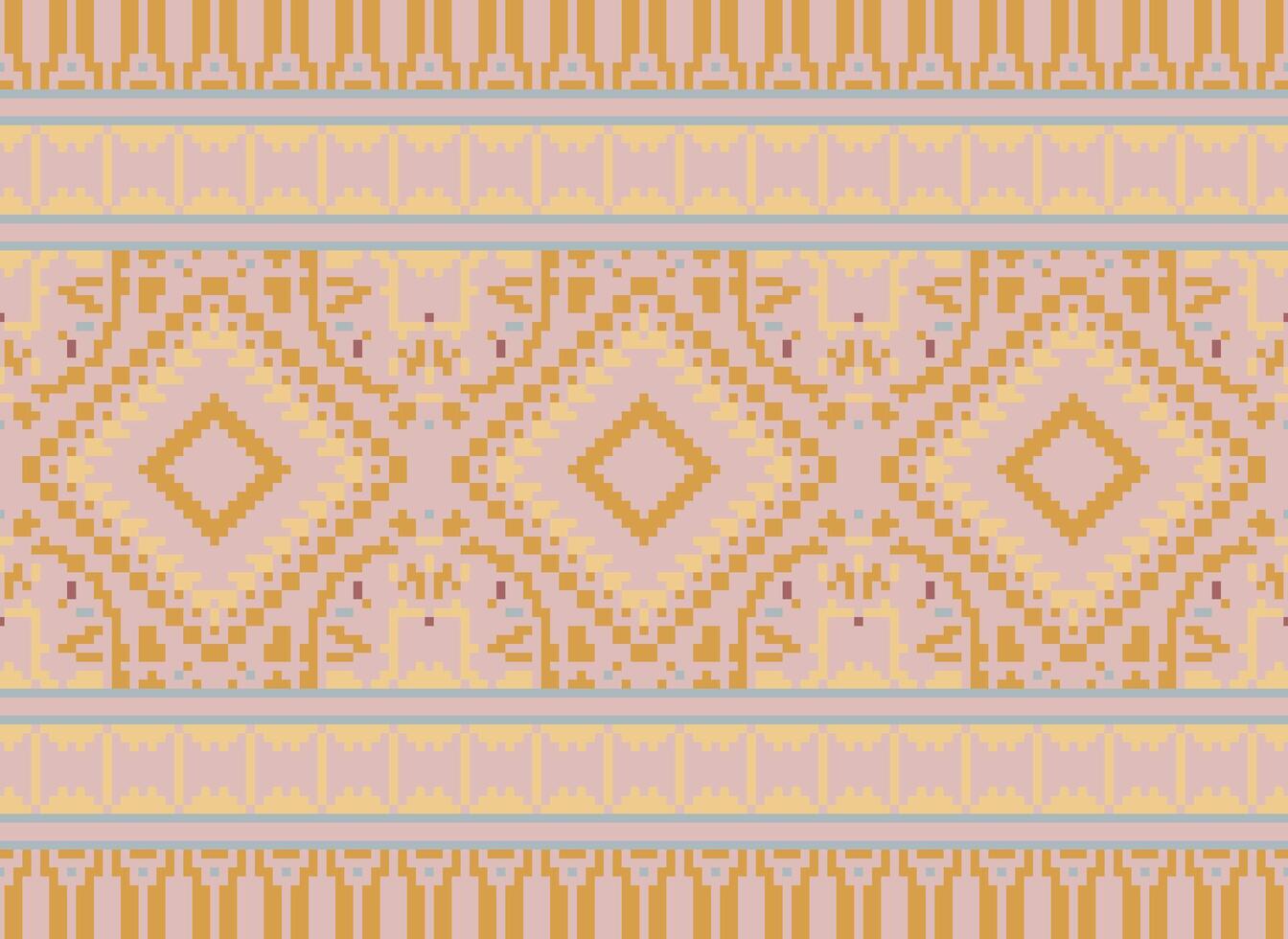 Pixel Cross Stitch Traditional Ethnic Pattern Paisley Flower Ikat Background Abstract Aztec African Indonesian Indian Seamless Pattern for Fabric Print Cloth Dress Carpet Curtains and Sarong vector