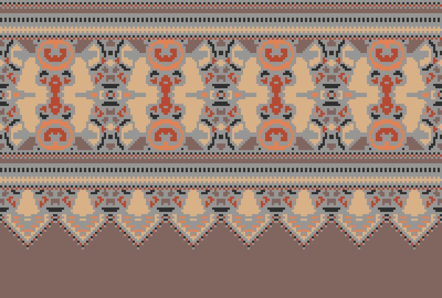 Pixel Cross Stitch pattern with Floral Designs. Traditional cross stitch needlework. Geometric Ethnic pattern, Embroidery, Textile ornamentation, fabric, Hand stitched pattern, Cultural stitching vector
