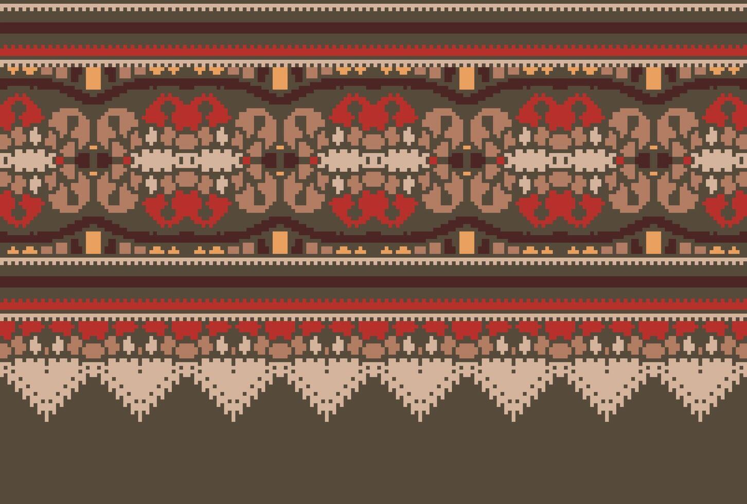 Pixel Cross Stitch pattern with Floral Designs. Traditional cross stitch needlework. Geometric Ethnic pattern, Embroidery, Textile ornamentation, fabric, Hand stitched pattern, Cultural stitching vector