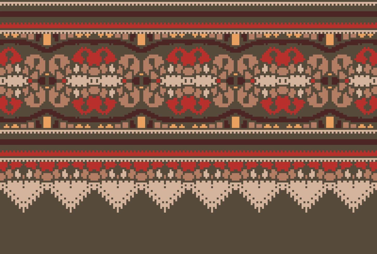 Pixel Cross Stitch pattern with Floral Designs. Traditional cross stitch needlework. Geometric Ethnic pattern, Embroidery, Textile ornamentation, fabric, Hand stitched pattern, Cultural stitching vector