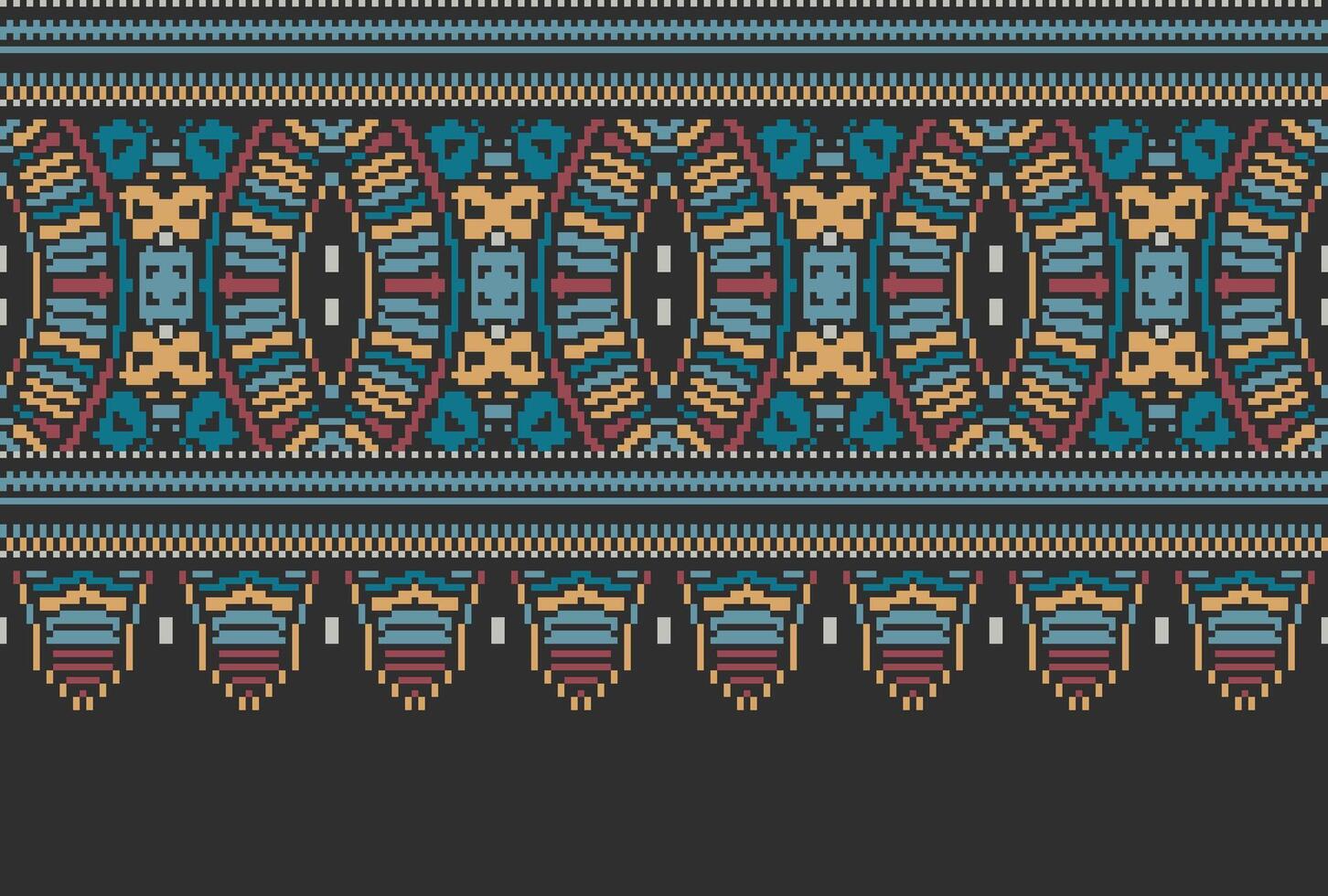 Pixel Cross Stitch pattern with Floral Designs. Traditional cross stitch needlework. Geometric Ethnic pattern, Embroidery, Textile ornamentation, fabric, Hand stitched pattern, Cultural stitching vector