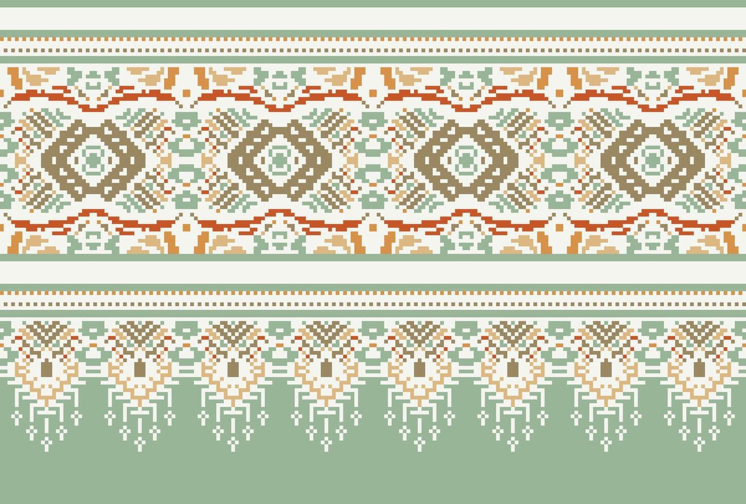 Pixel Cross Stitch Traditional Ethnic Pattern Paisley Flower Ikat Background Abstract Aztec African Indonesian Indian Seamless Pattern for Fabric Print Cloth Dress Carpet Curtains and Sarong vector