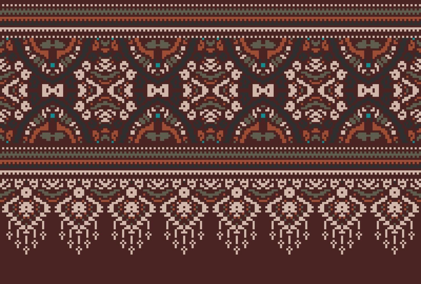 Pixel Cross Stitch Traditional Ethnic Pattern Paisley Flower Ikat Background Abstract Aztec African Indonesian Indian Seamless Pattern for Fabric Print Cloth Dress Carpet Curtains and Sarong vector