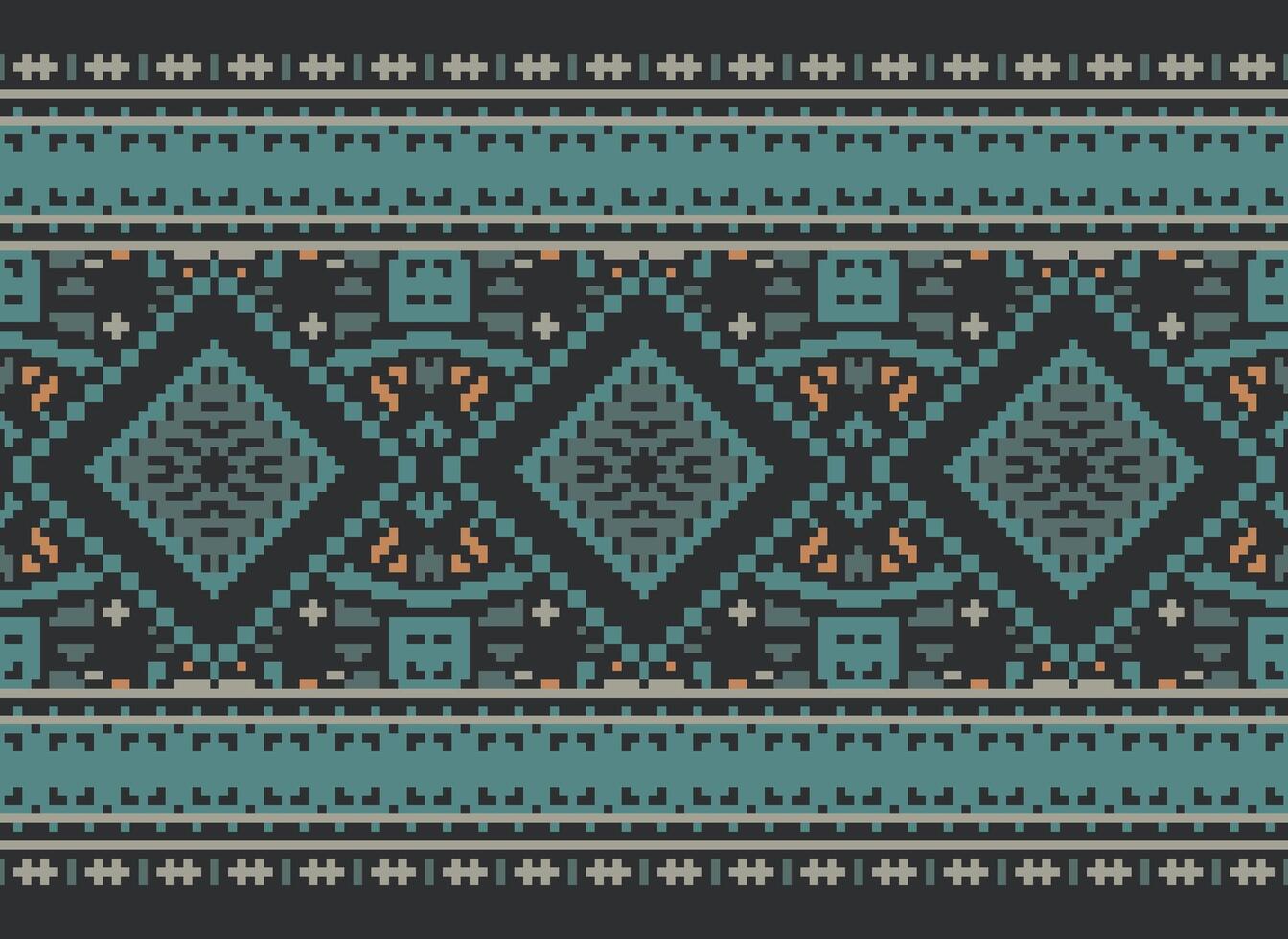 Pixel Cross Stitch Traditional Ethnic Pattern Paisley Flower Ikat Background Abstract Aztec African Indonesian Indian Seamless Pattern for Fabric Print Cloth Dress Carpet Curtains and Sarong vector