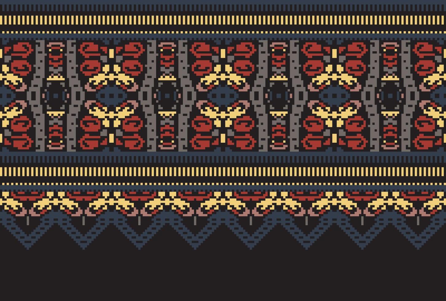 Pixel Cross Stitch pattern with Floral Designs. Traditional cross stitch needlework. Geometric Ethnic pattern, Embroidery, Textile ornamentation, fabric, Hand stitched pattern, Cultural stitching vector