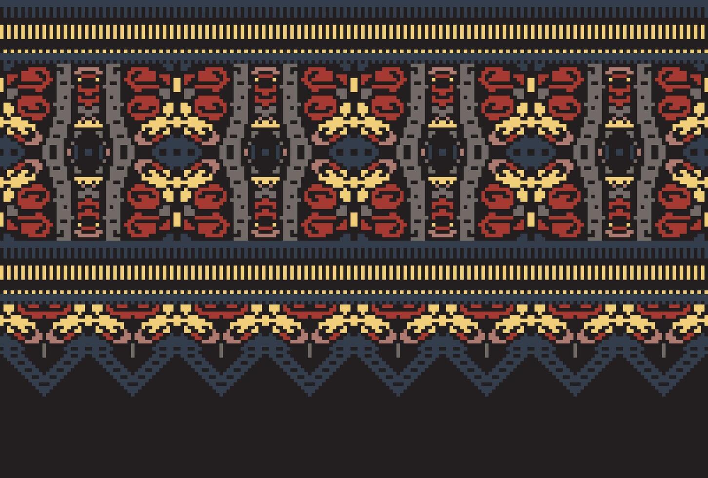 Pixel Cross Stitch pattern with Floral Designs. Traditional cross stitch needlework. Geometric Ethnic pattern, Embroidery, Textile ornamentation, fabric, Hand stitched pattern, Cultural stitching vector