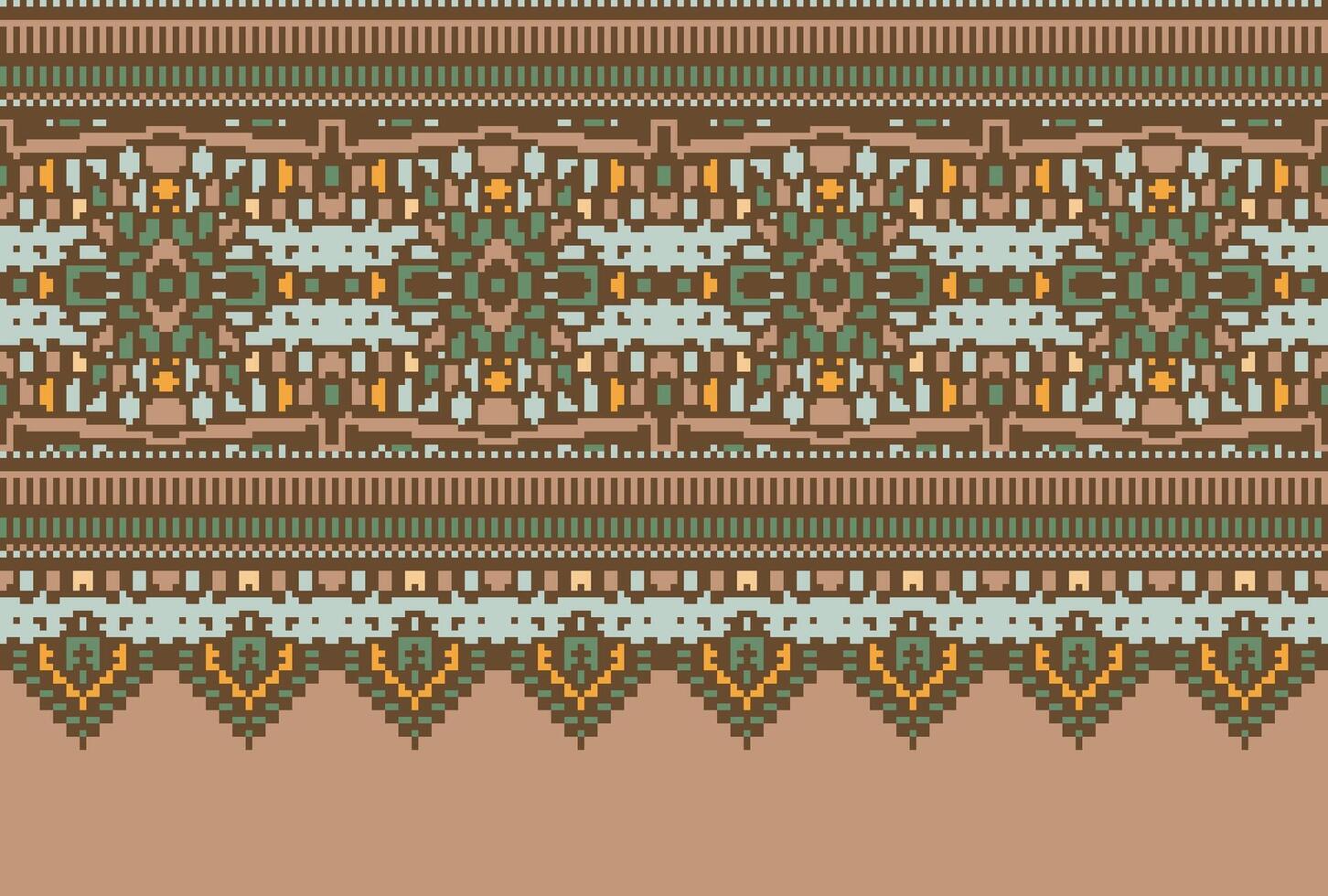 Pixel Cross Stitch pattern with Floral Designs. Traditional cross stitch needlework. Geometric Ethnic pattern, Embroidery, Textile ornamentation, fabric, Hand stitched pattern, Cultural stitching vector