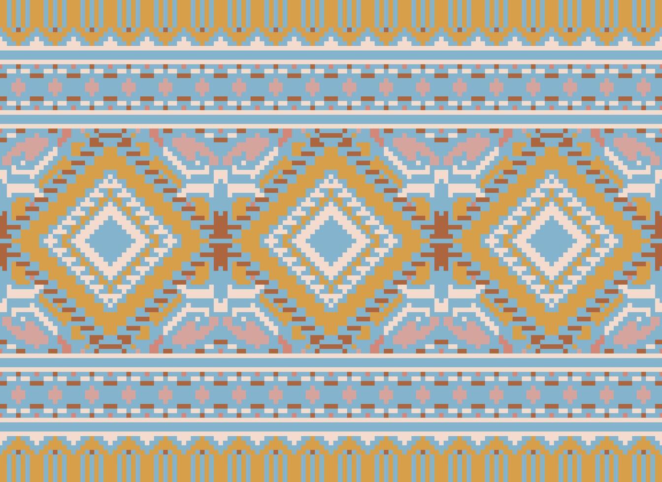 Pixel Cross Stitch Traditional Ethnic Pattern Paisley Flower Ikat Background Abstract Aztec African Indonesian Indian Seamless Pattern for Fabric Print Cloth Dress Carpet Curtains and Sarong vector