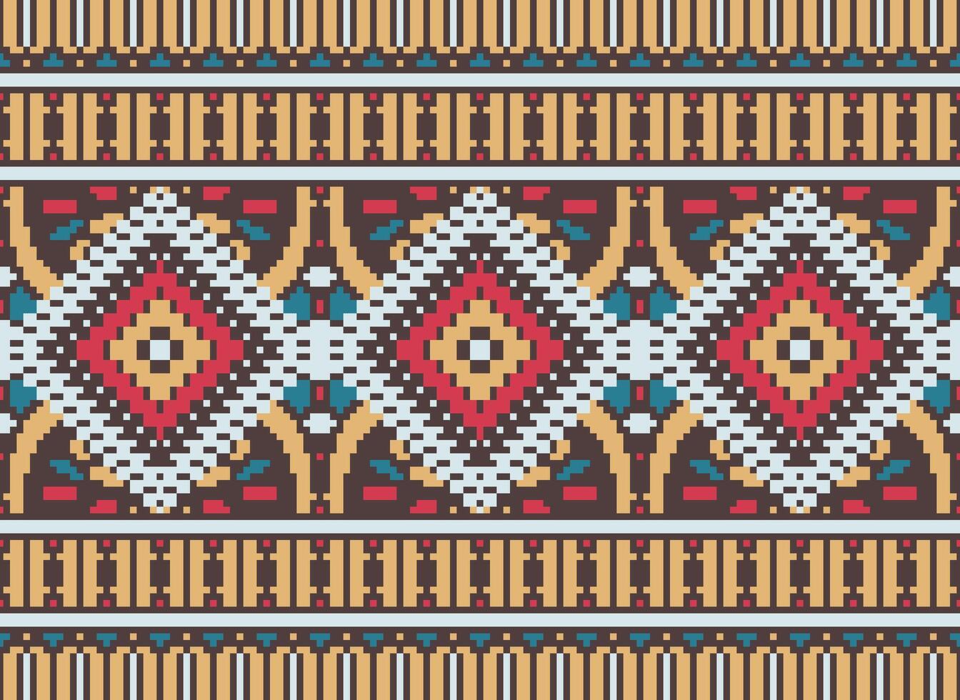 Pixel Cross Stitch Traditional Ethnic Pattern Paisley Flower Ikat Background Abstract Aztec African Indonesian Indian Seamless Pattern for Fabric Print Cloth Dress Carpet Curtains and Sarong vector