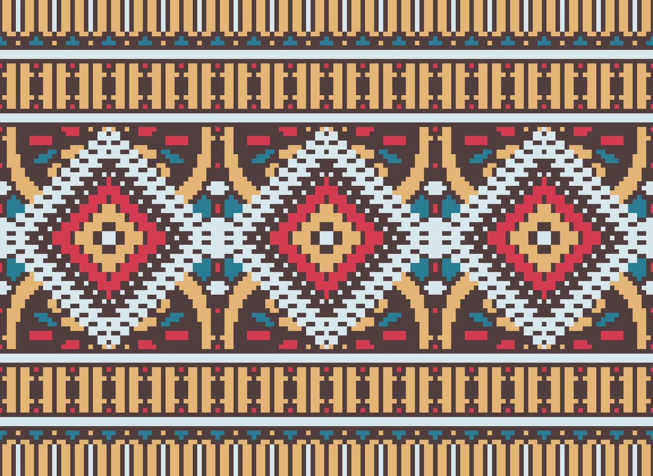 Pixel Cross Stitch Traditional Ethnic Pattern Paisley Flower Ikat Background Abstract Aztec African Indonesian Indian Seamless Pattern for Fabric Print Cloth Dress Carpet Curtains and Sarong vector