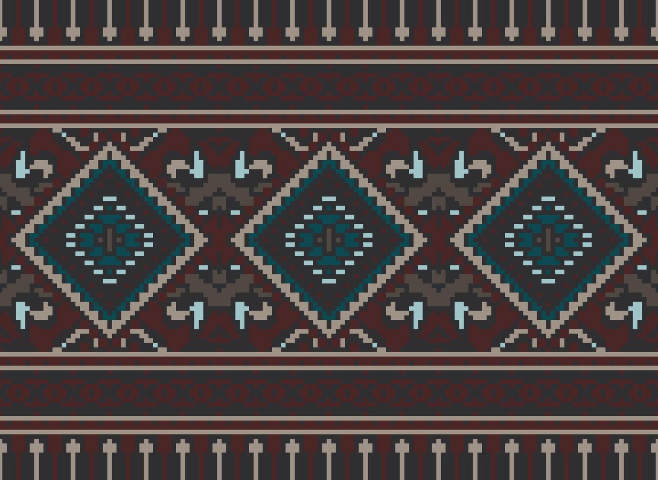 Pixel Cross Stitch Traditional Ethnic Pattern Paisley Flower Ikat Background Abstract Aztec African Indonesian Indian Seamless Pattern for Fabric Print Cloth Dress Carpet Curtains and Sarong vector