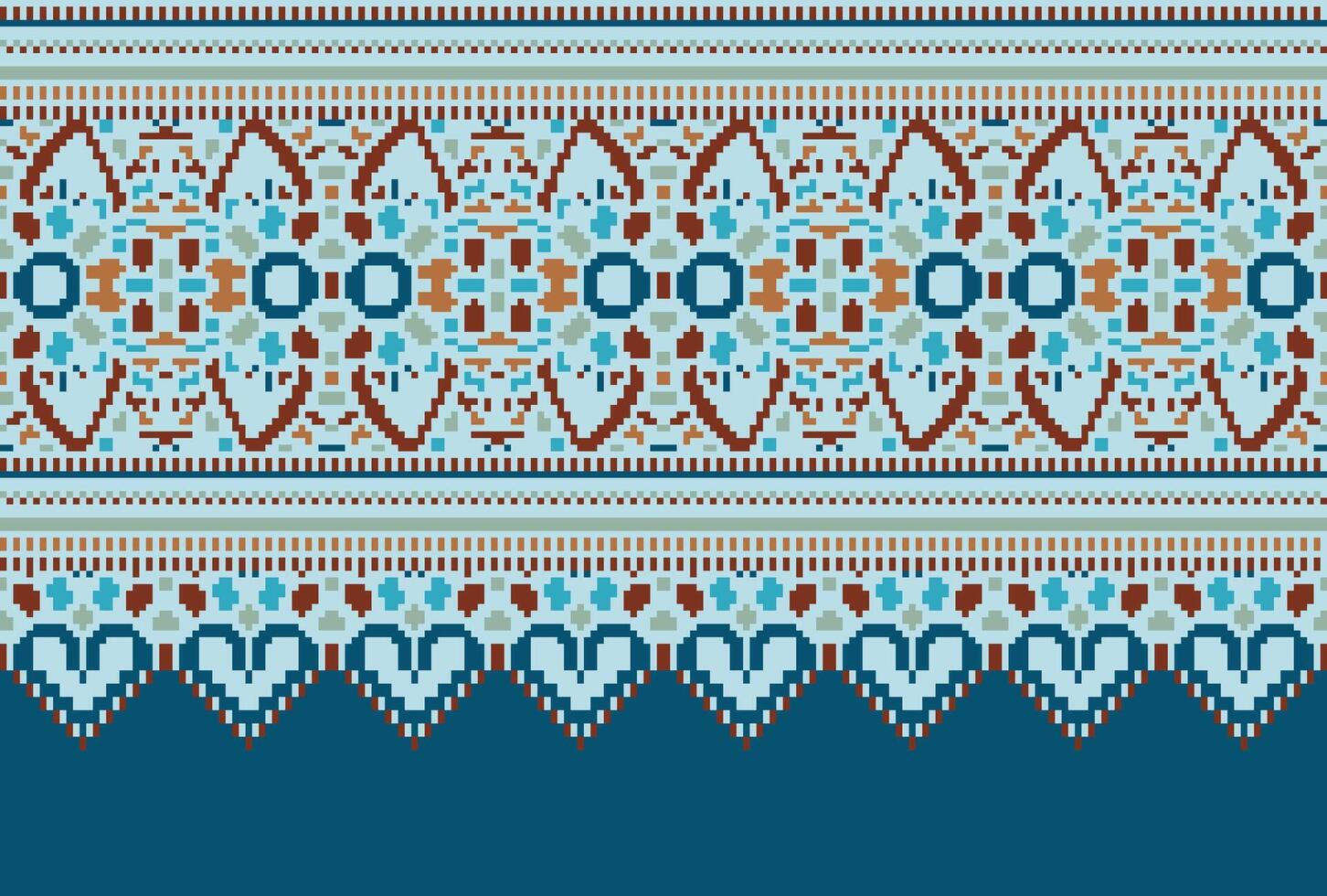 Cross Stitch pattern with Floral Designs. Traditional cross stitch needlework. Geometric Ethnic pattern, Embroidery, Textile ornamentation, fabric, Hand stitched pattern, Cultural stitching pixel art. vector