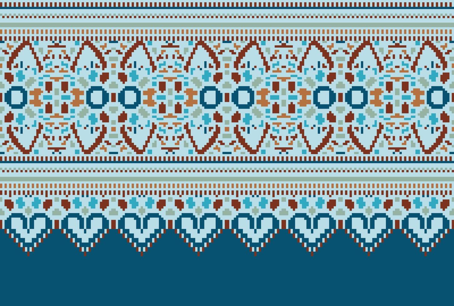 Cross Stitch pattern with Floral Designs. Traditional cross stitch needlework. Geometric Ethnic pattern, Embroidery, Textile ornamentation, fabric, Hand stitched pattern, Cultural stitching pixel art. vector