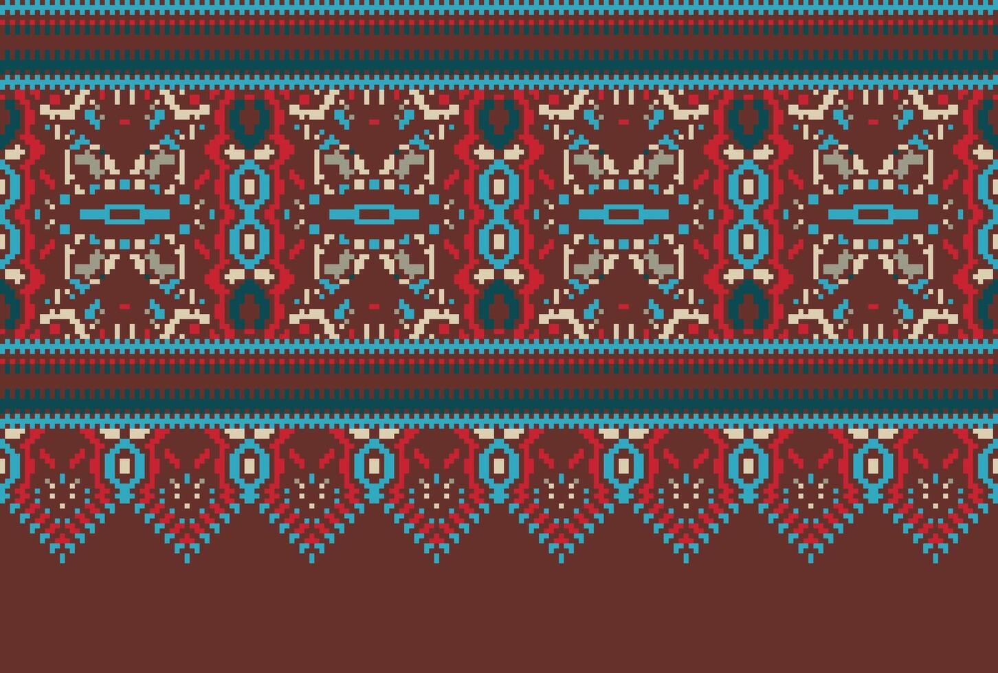 Pixel Cross Stitch pattern with Floral Designs. Traditional cross stitch needlework. Geometric Ethnic pattern, Embroidery, Textile ornamentation, fabric, Hand stitched pattern, Cultural stitching vector